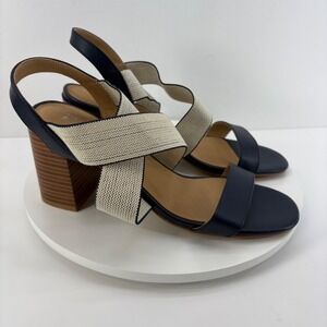 Market & Spruce Womens Slingback Block‎ Heel Sandals Navy Beige Size 10
